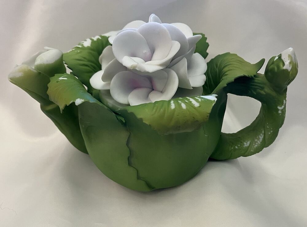 Magnolia Leaf Flower Porcelain Small Teapot Trinket Dish 3D Design Hand Painted